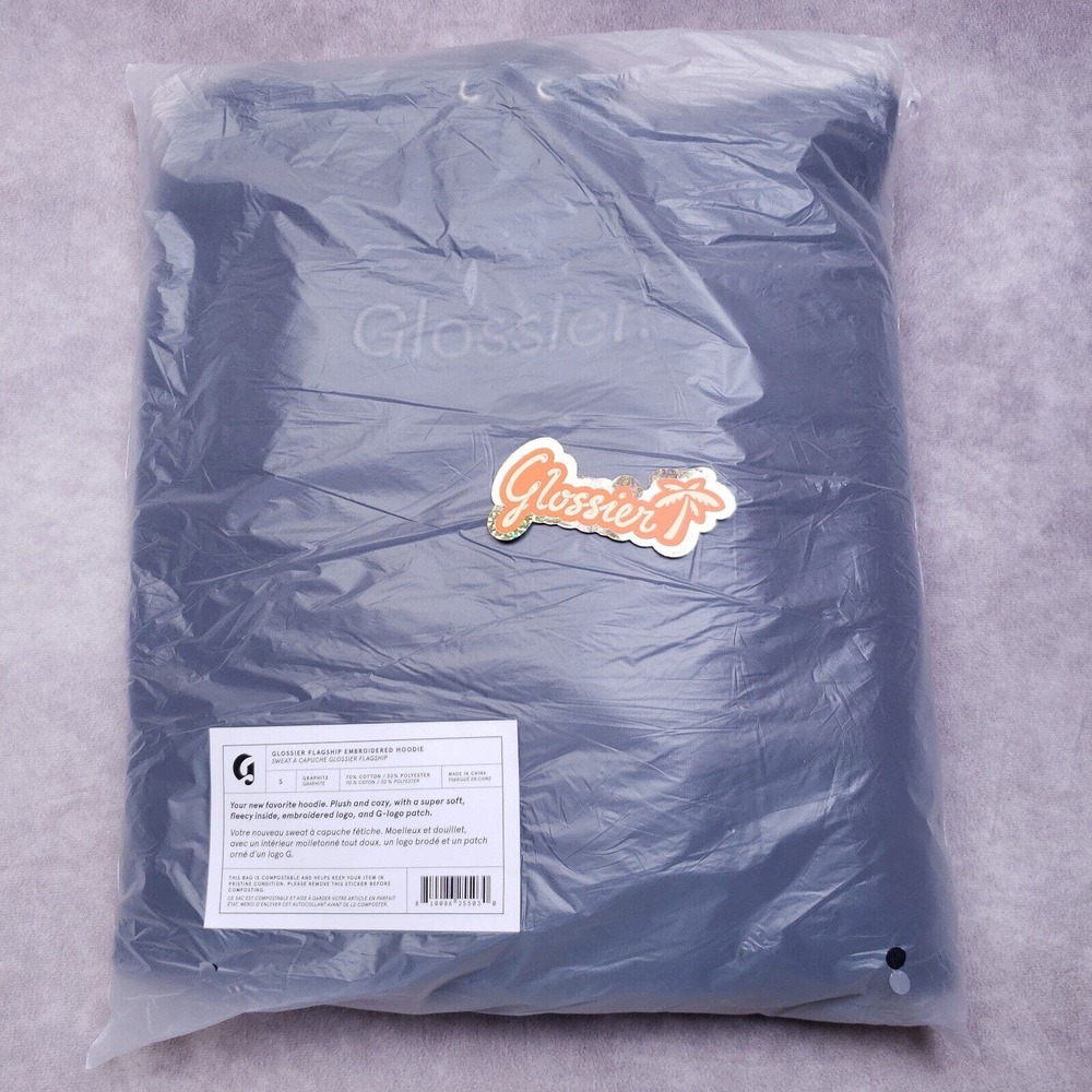 Glossier Soho Hoodie NYC Flagship Embroidered Logo Graphite Gray Black Sz Small